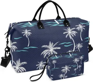 Travel Bag Set Coconut Palm Tree Blue Quilted Gym Duffel Bag Overnight Weekender Bags