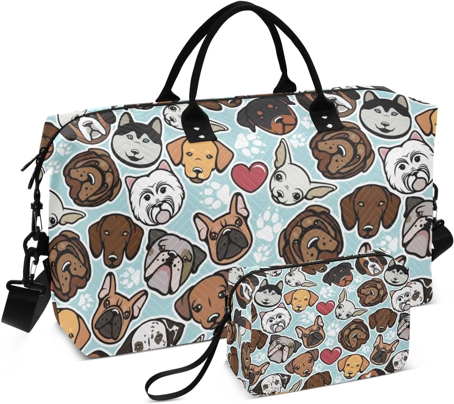 Travel Bag Set Dog Breeds Heart Quilted Gym Duffel Bag Overnight Weekender Bags