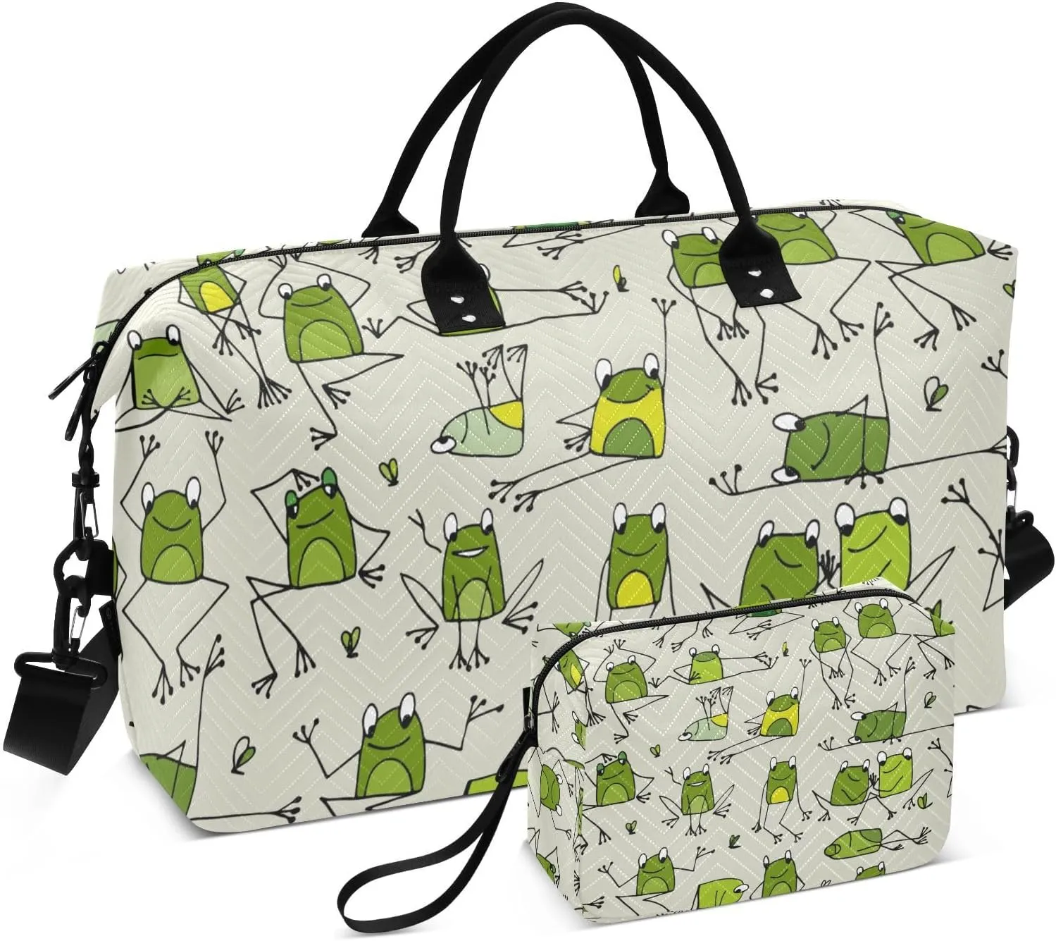 Travel Bag Set Funny Frogs Pattern Sketch Quilted Gym Duffel Bag Overnight Weekender Bags