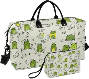 Travel Bag Set Funny Frogs Pattern Sketch Quilted Gym Duffel Bag Overnight Weekender Bags