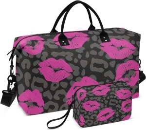 Travel Bag Set Pink Lip Leopard Print Quilted Gym Duffel Bag Overnight Weekender Bags