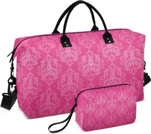 Travel Bag Set Pink Ornamental Floral Quilted Gym Duffel Bag Overnight Weekender Bags