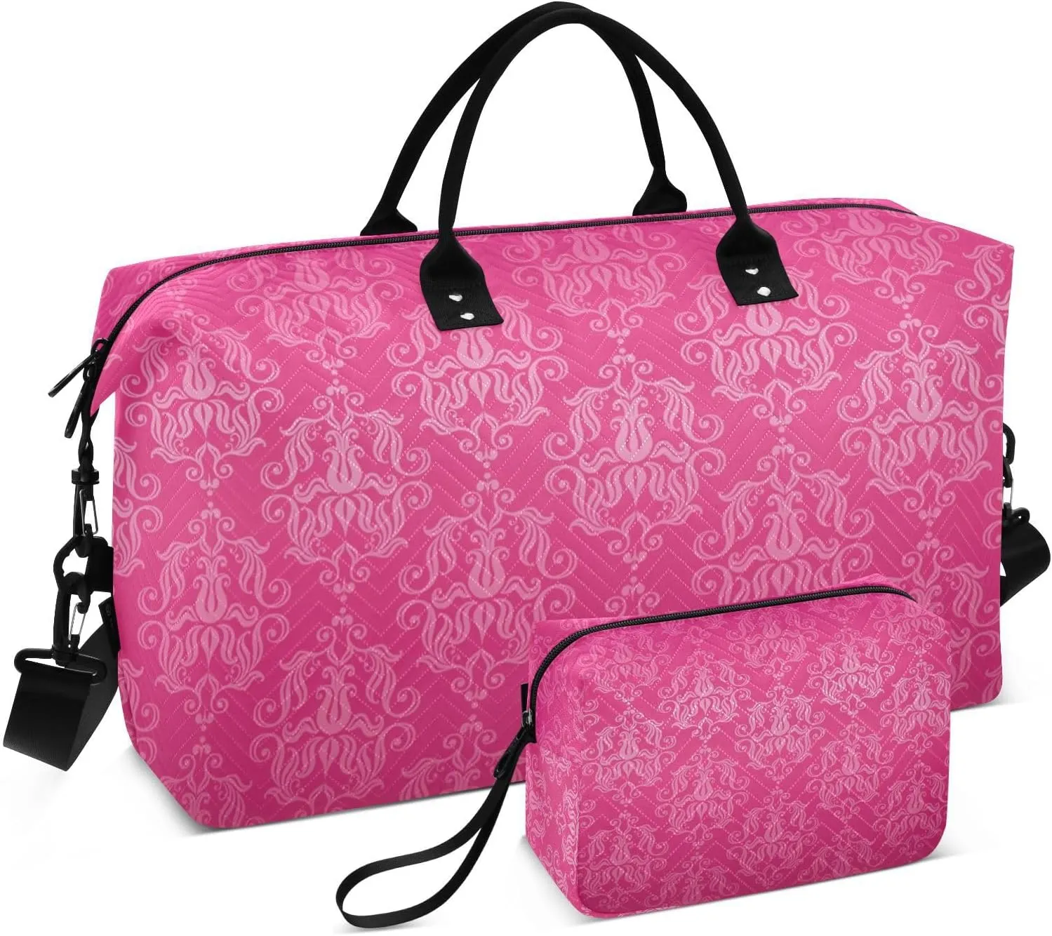 Travel Bag Set Pink Ornamental Floral Quilted Gym Duffel Bag Overnight Weekender Bags
