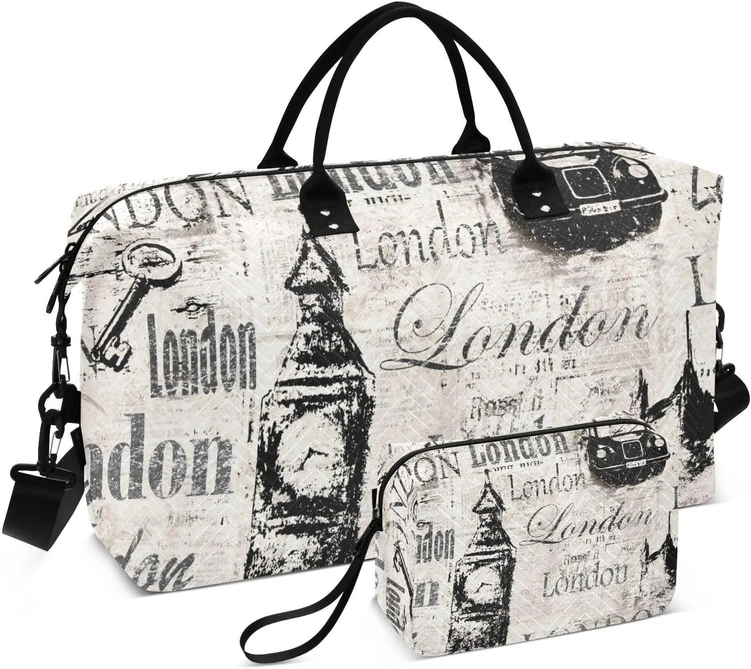 Travel Bag Set Vintage Newspaper Grunge London Quilted Gym Duffel Bag Overnight Weekender Bags