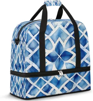 Travel Duffel Bag Blue Tie Dyeing Weekender Bag with Shoe Compartment Foldable Overnight Bags for Travel Sports Lightweight Gym Bags for Men Women