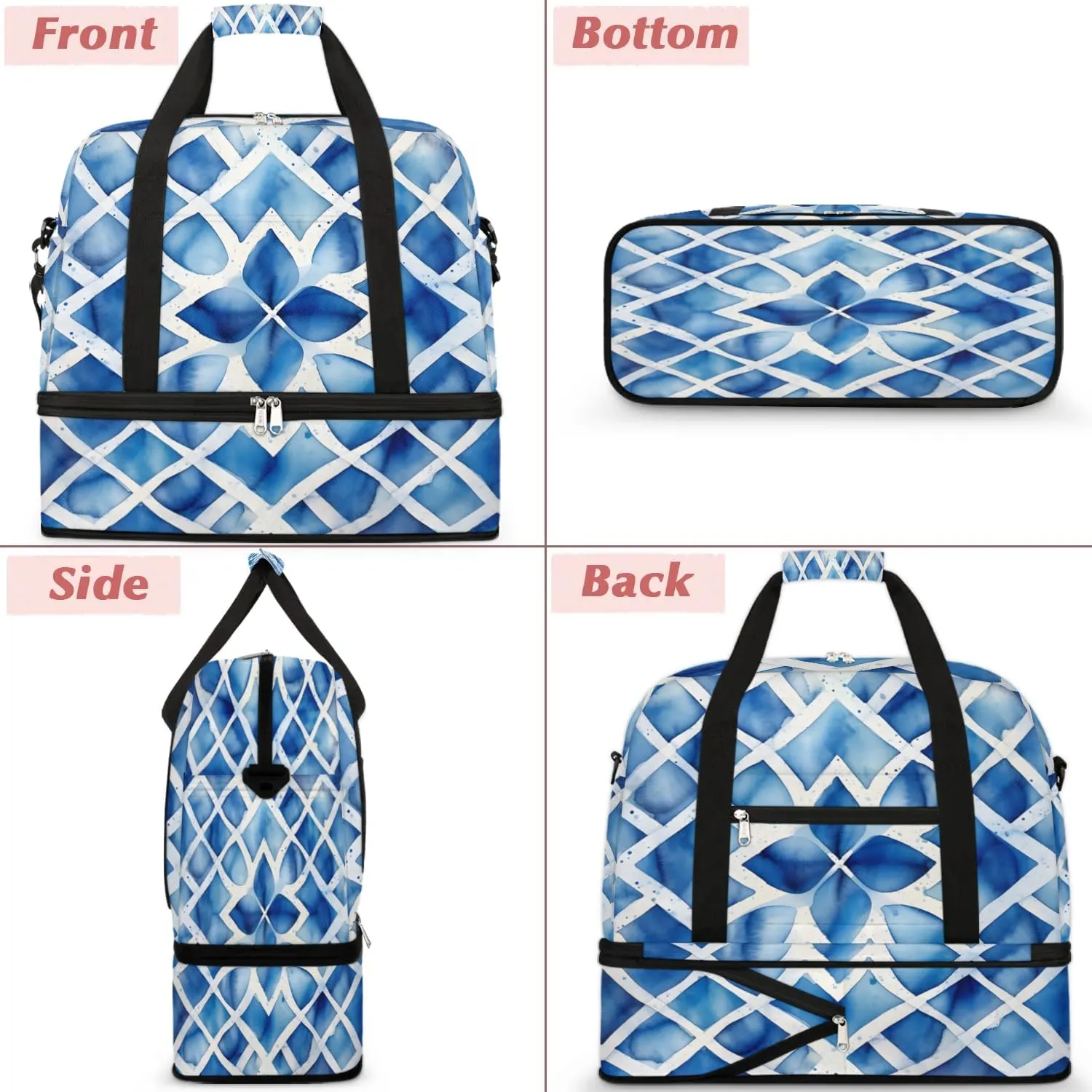 Travel Duffel Bag Blue Tie Dyeing Weekender Bag with Shoe Compartment Foldable Overnight Bags for Travel Sports Lightweight Gym Bags for Men Women