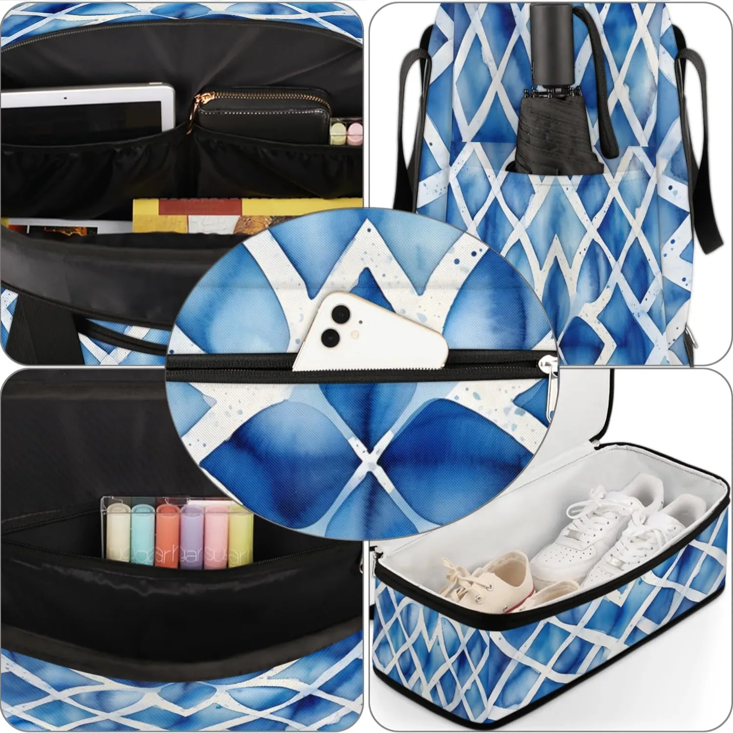 Travel Duffel Bag Blue Tie Dyeing Weekender Bag with Shoe Compartment Foldable Overnight Bags for Travel Sports Lightweight Gym Bags for Men Women