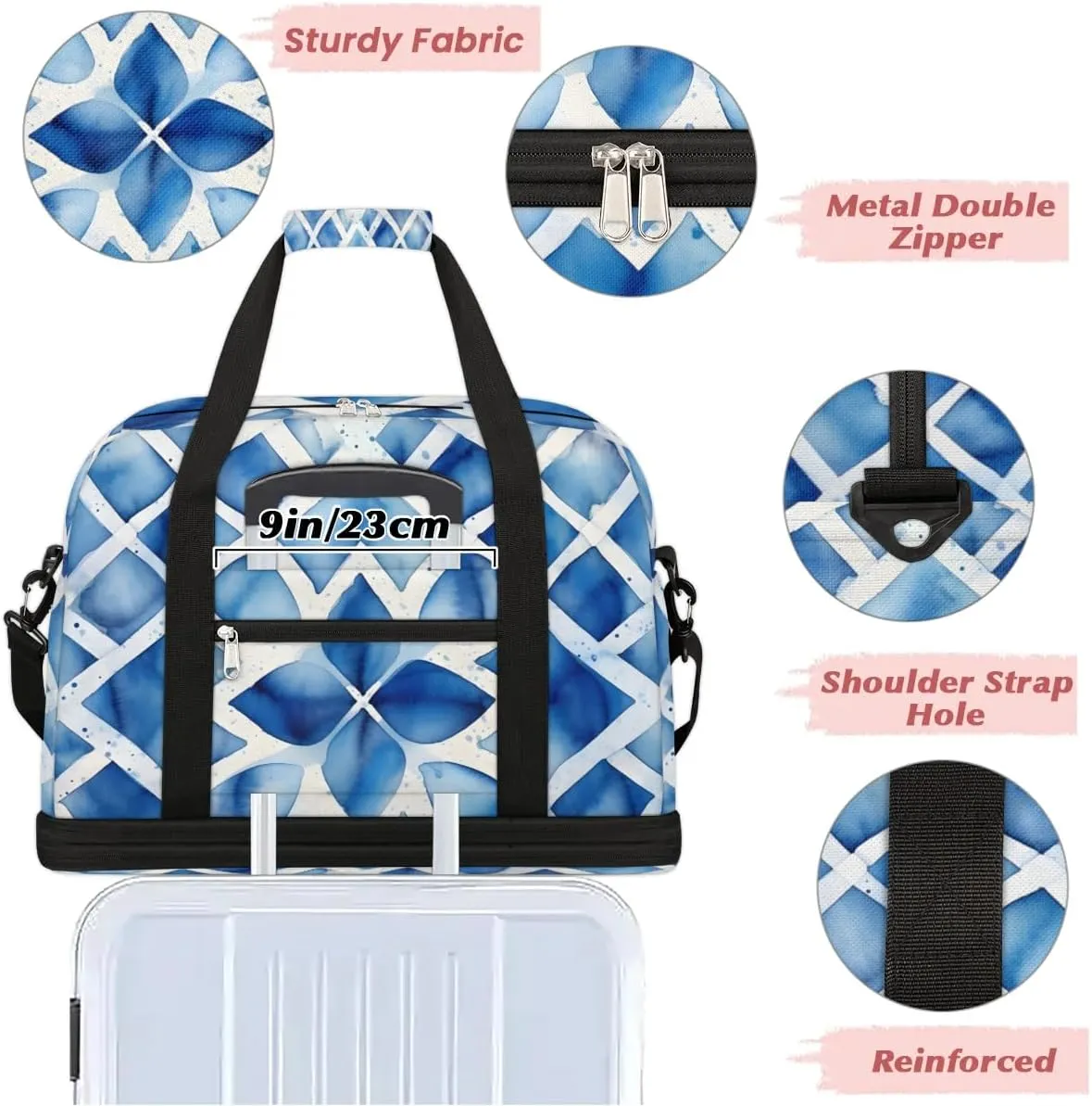 Travel Duffel Bag Blue Tie Dyeing Weekender Bag with Shoe Compartment Foldable Overnight Bags for Travel Sports Lightweight Gym Bags for Men Women