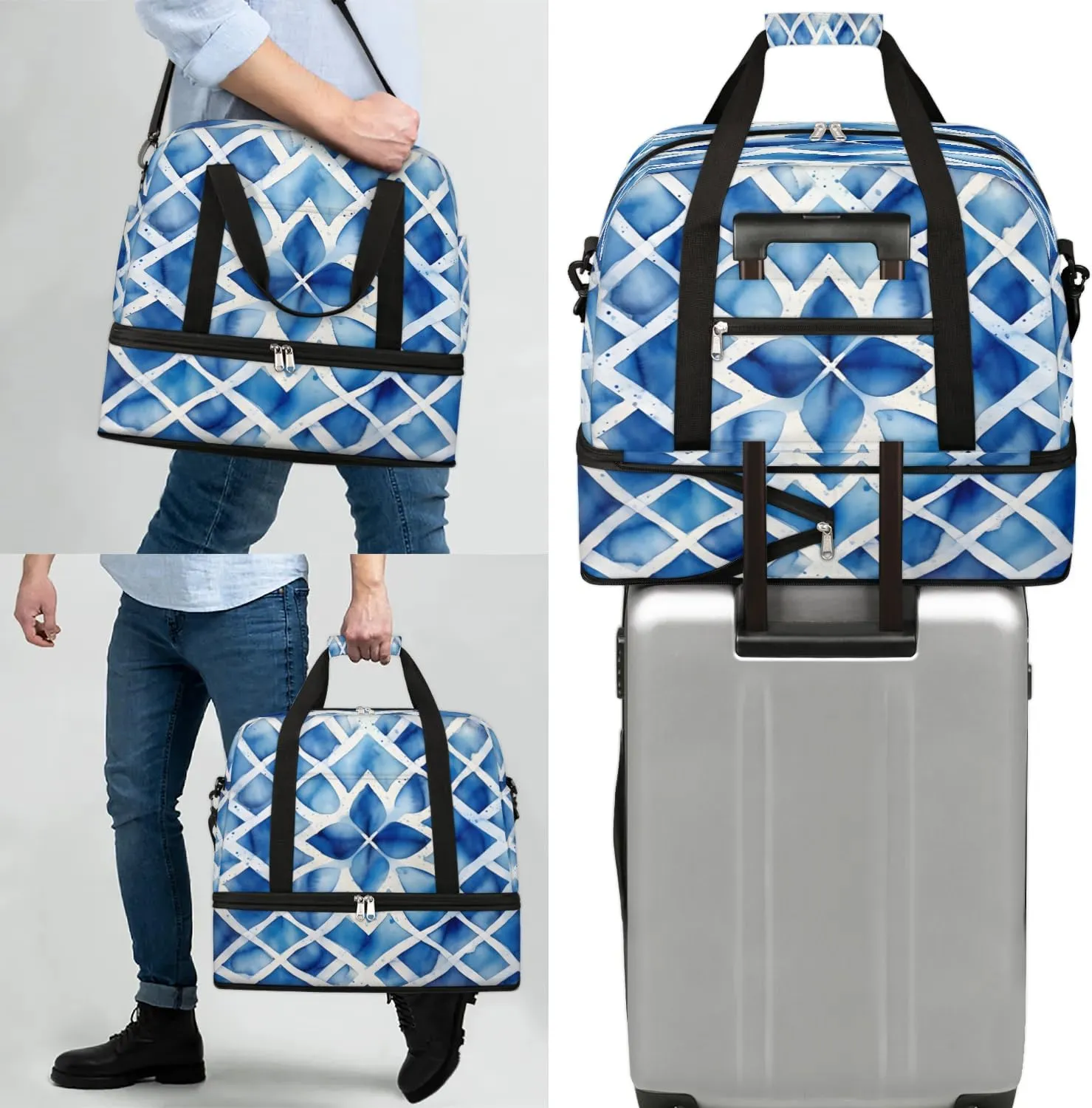 Travel Duffel Bag Blue Tie Dyeing Weekender Bag with Shoe Compartment Foldable Overnight Bags for Travel Sports Lightweight Gym Bags for Men Women
