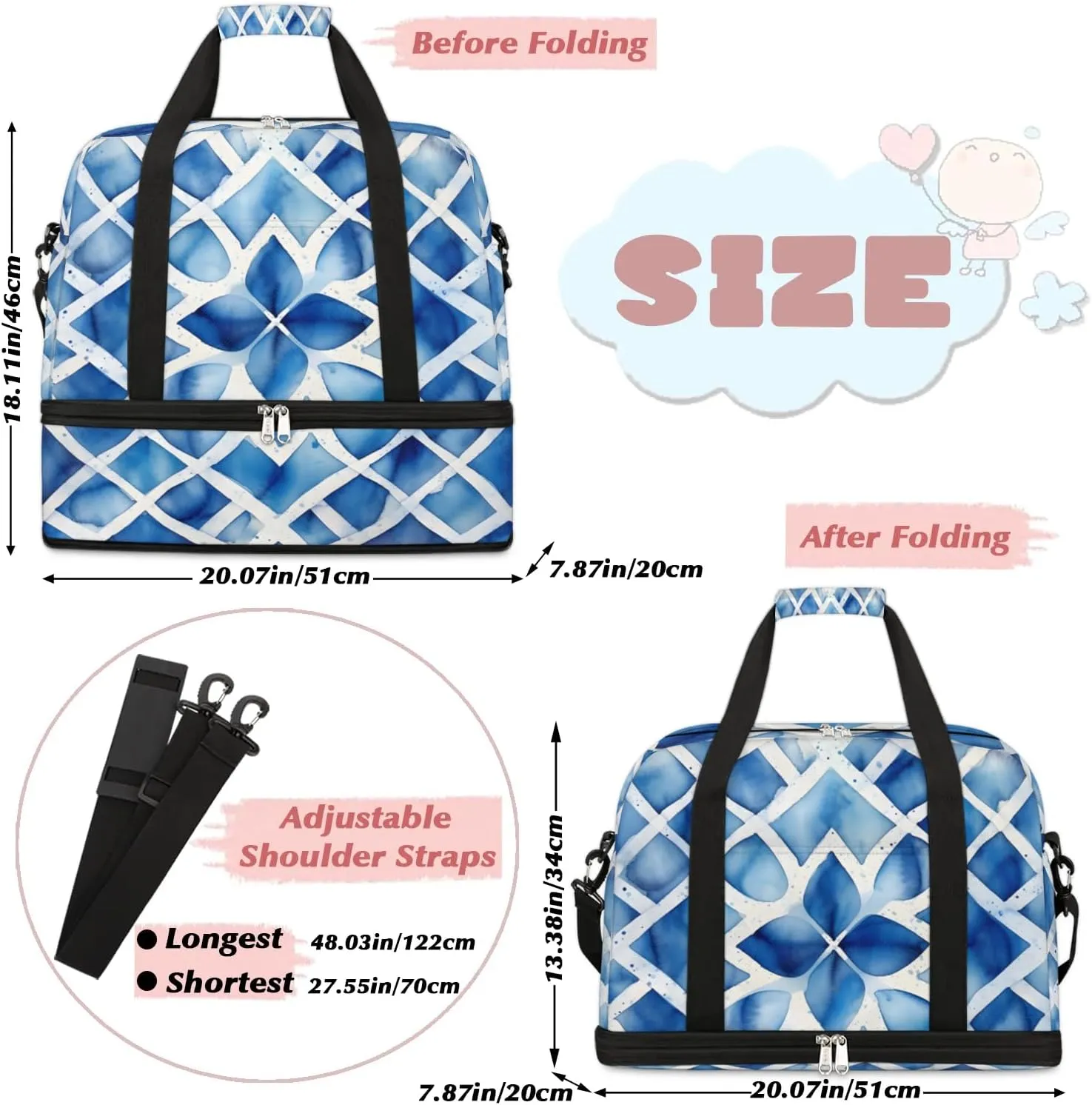 Travel Duffel Bag Blue Tie Dyeing Weekender Bag with Shoe Compartment Foldable Overnight Bags for Travel Sports Lightweight Gym Bags for Men Women