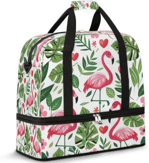 Travel Duffel Bag Flamingo Fern Leaf Weekender Bag with Shoe Compartment Foldable Overnight Bags for Travel Sports Lightweight Gym Bags for Men Women