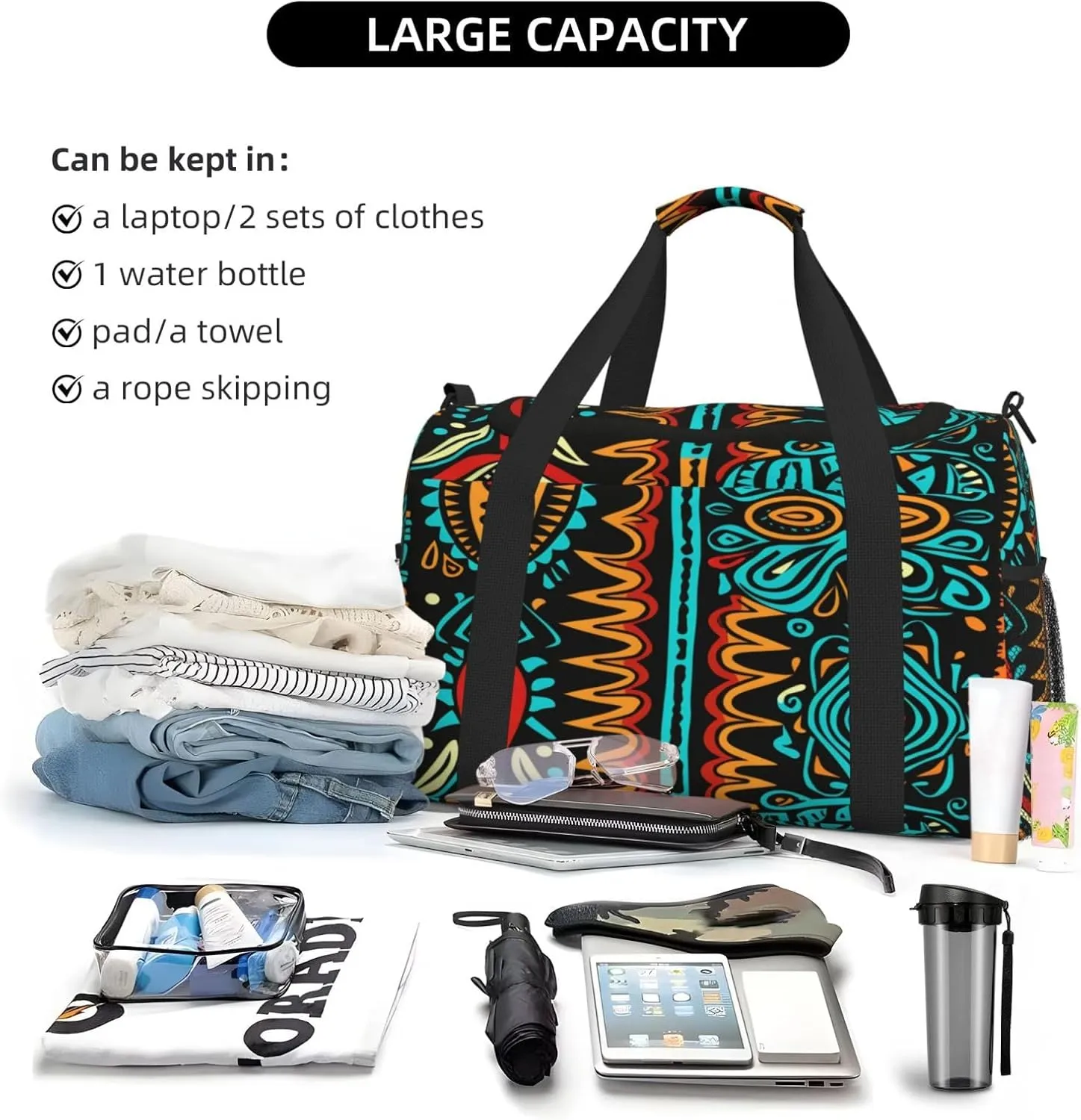 Travel Duffel Bag For Men Women, African Ethnic Pattern Carry On Sport Gym Bag With Shoulder Strap Lightweight Waterproof Weekender Bag Overnight Bag