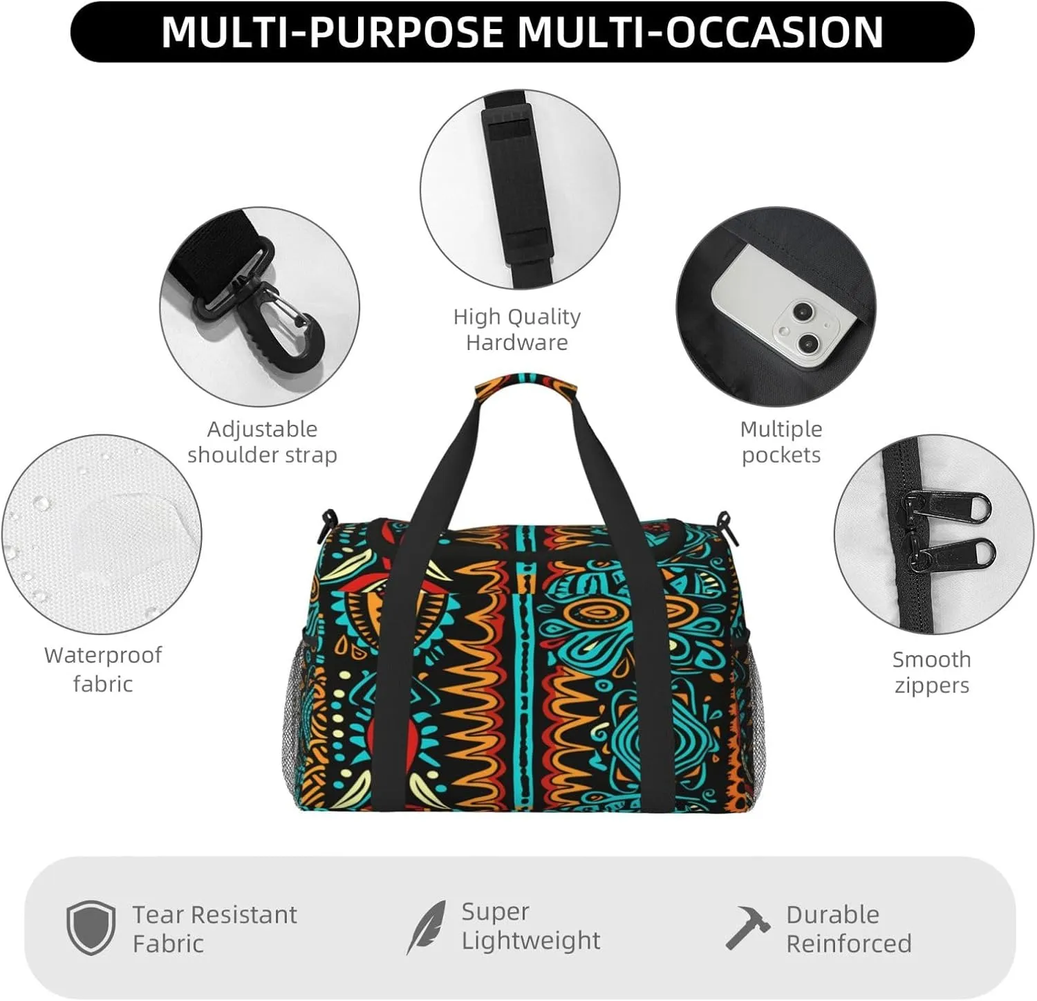 Travel Duffel Bag For Men Women, African Ethnic Pattern Carry On Sport Gym Bag With Shoulder Strap Lightweight Waterproof Weekender Bag Overnight Bag
