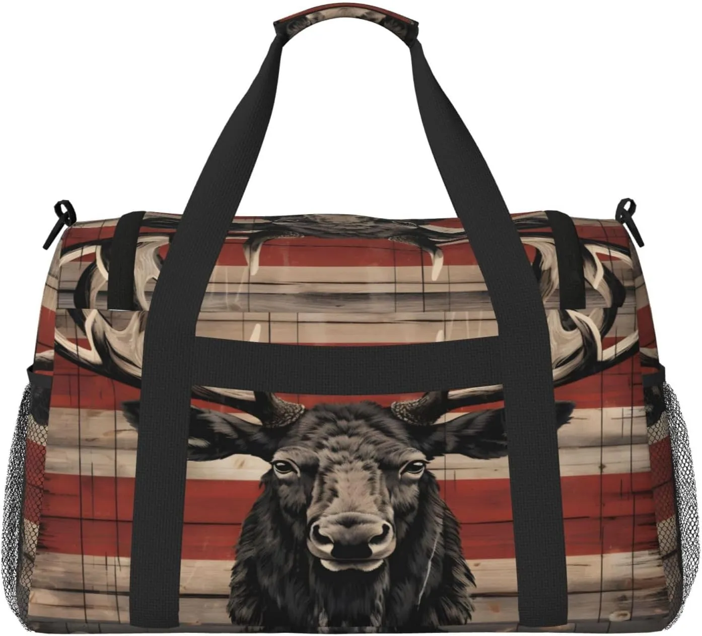 Travel Duffel Bag For Men Women, Animal Deer Flag Retro Wooden Board Carry On Sport Gym Bag With Shoulder Strap Lightweight Waterproof Weekender Bag Overnight Bag