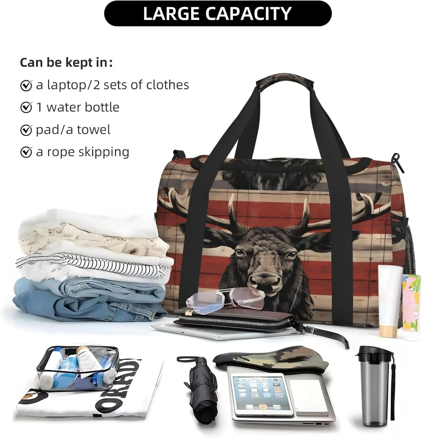 Travel Duffel Bag For Men Women, Animal Deer Flag Retro Wooden Board Carry On Sport Gym Bag With Shoulder Strap Lightweight Waterproof Weekender Bag Overnight Bag