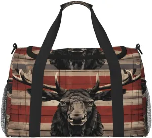 Travel Duffel Bag For Men Women, Animal Deer Flag Retro Wooden Board Carry On Sport Gym Bag With Shoulder Strap Lightweight Waterproof Weekender Bag Overnight Bag