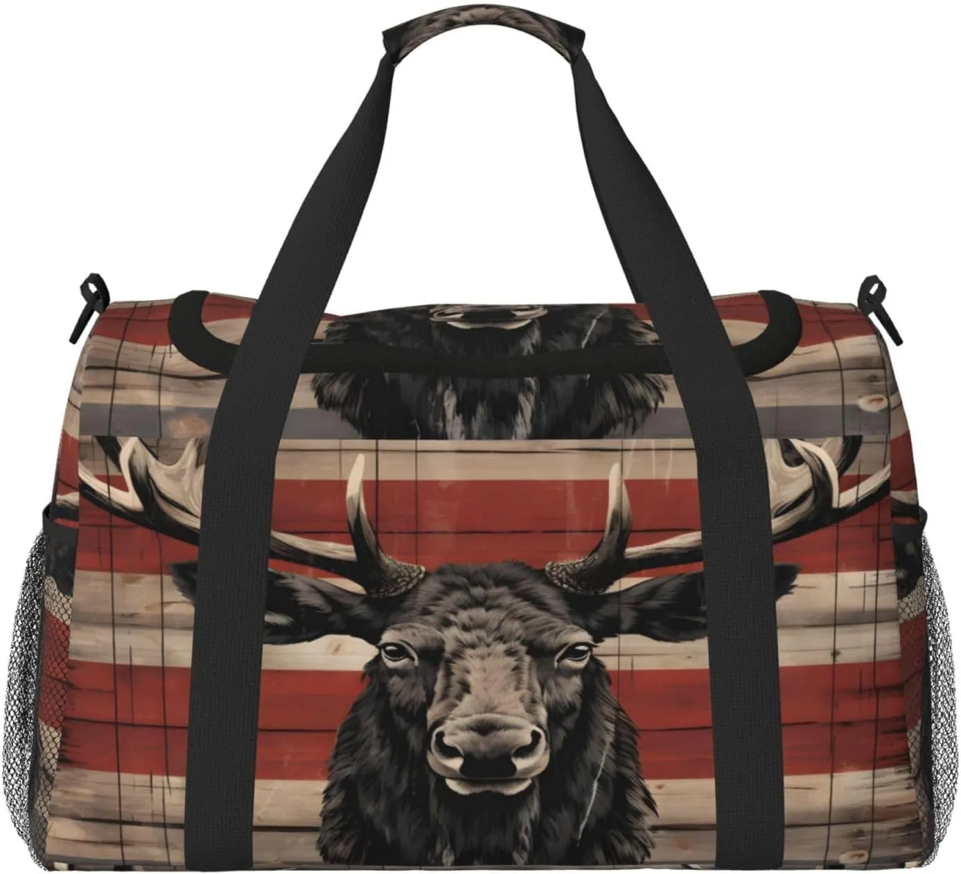 Travel Duffel Bag For Men Women, Animal Deer Flag Retro Wooden Board Carry On Sport Gym Bag With Shoulder Strap Lightweight Waterproof Weekender Bag Overnight Bag