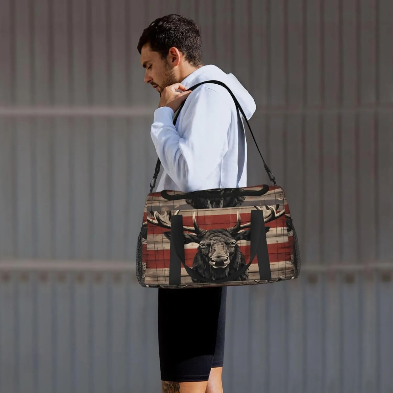 Travel Duffel Bag For Men Women, Animal Deer Flag Retro Wooden Board Carry On Sport Gym Bag With Shoulder Strap Lightweight Waterproof Weekender Bag Overnight Bag