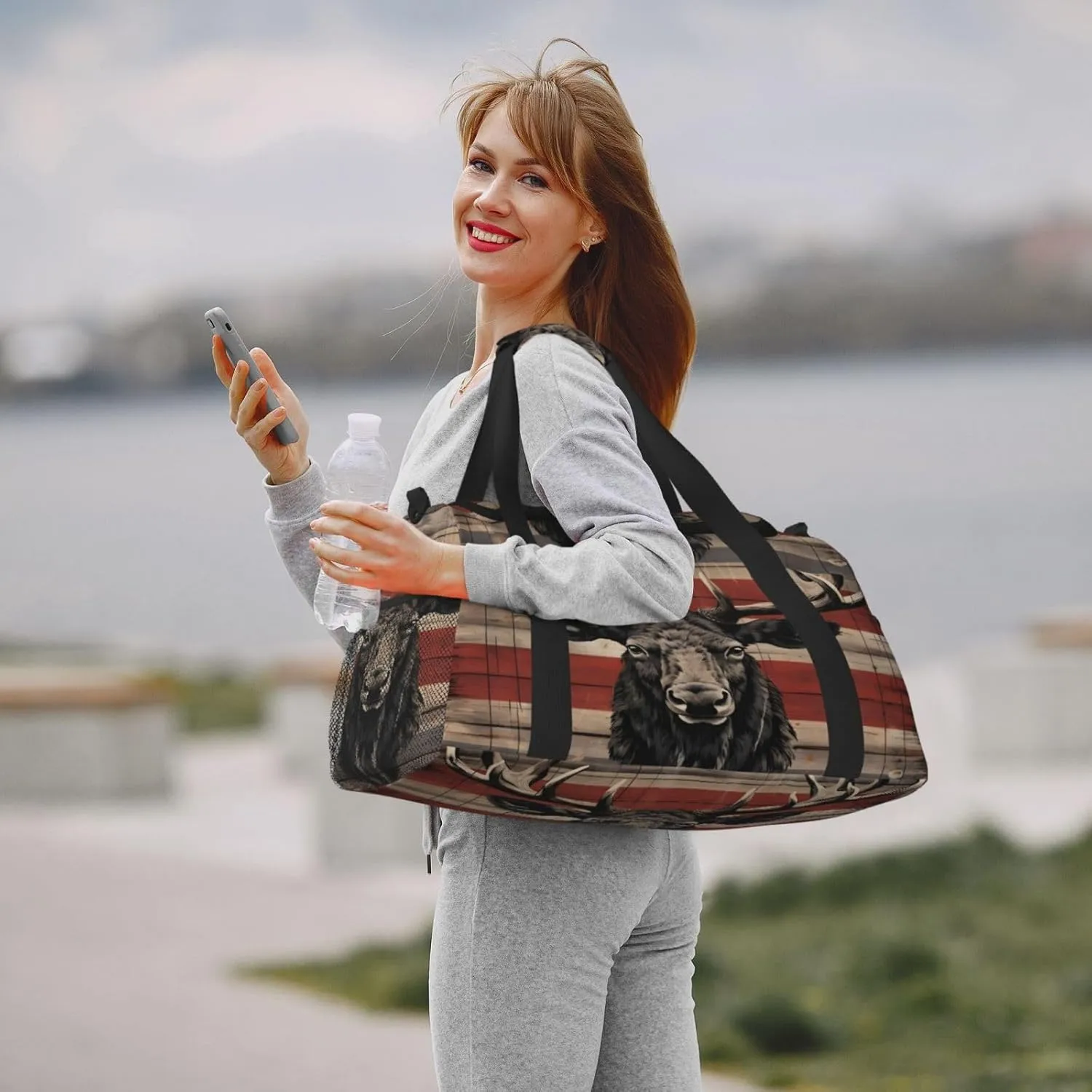 Travel Duffel Bag For Men Women, Animal Deer Flag Retro Wooden Board Carry On Sport Gym Bag With Shoulder Strap Lightweight Waterproof Weekender Bag Overnight Bag