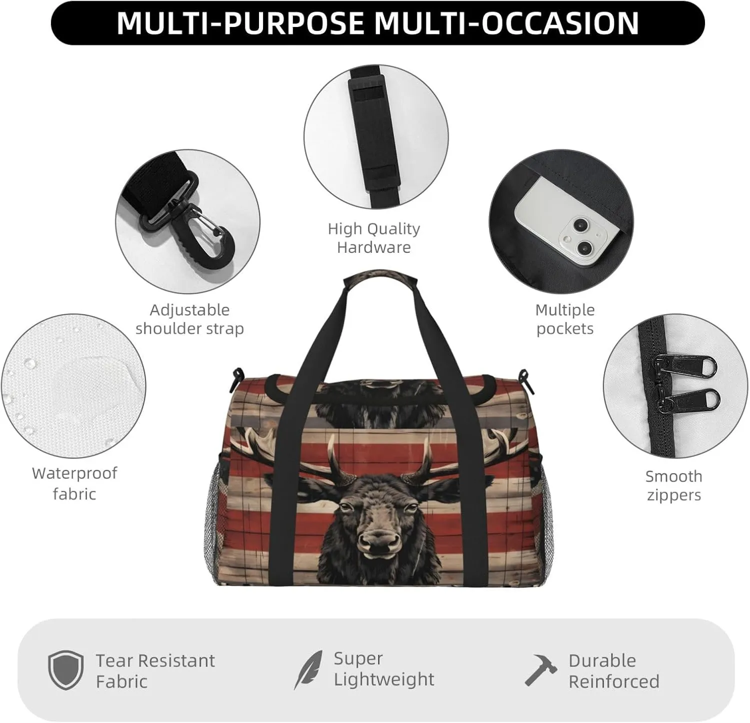 Travel Duffel Bag For Men Women, Animal Deer Flag Retro Wooden Board Carry On Sport Gym Bag With Shoulder Strap Lightweight Waterproof Weekender Bag Overnight Bag