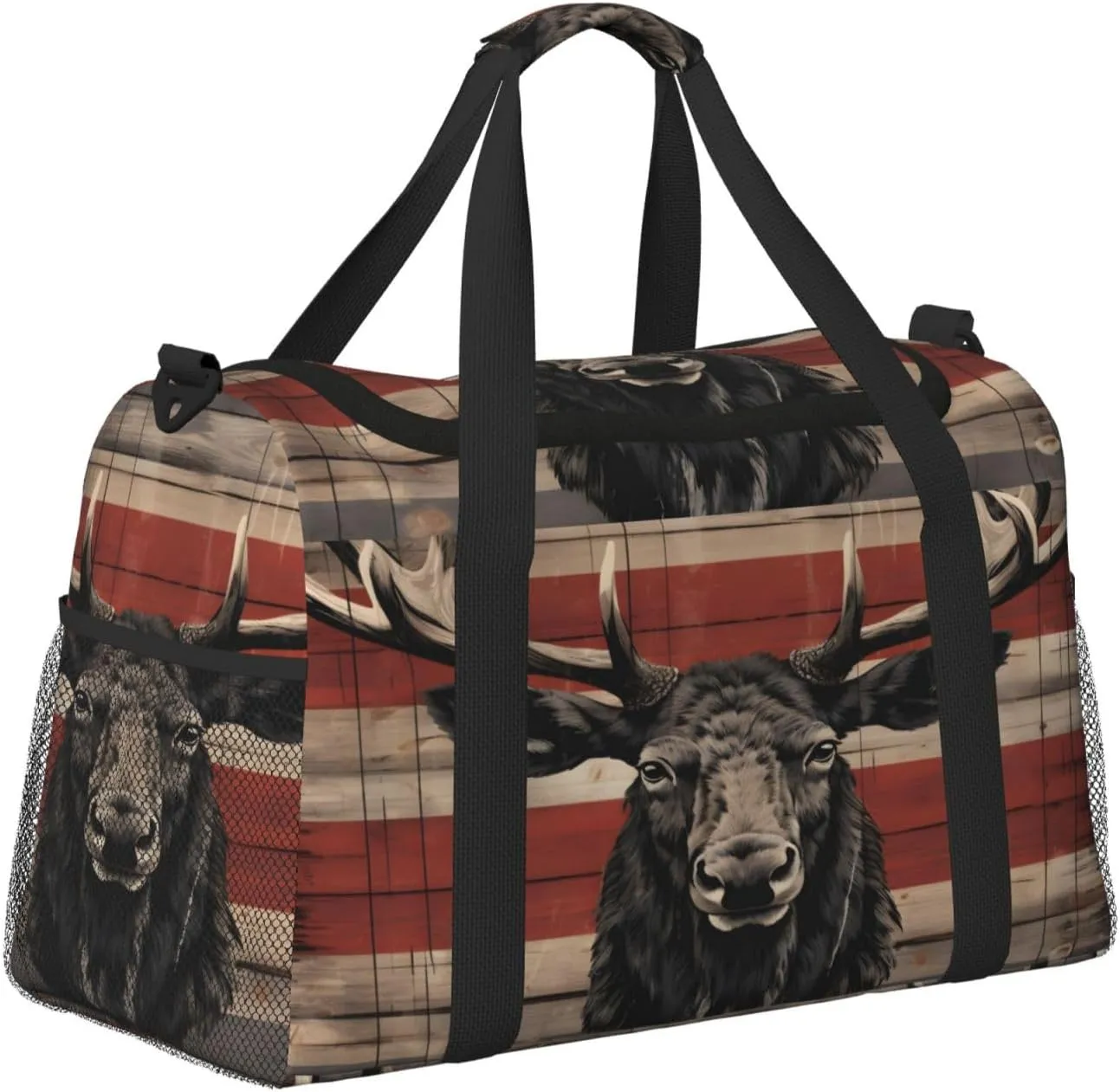 Travel Duffel Bag For Men Women, Animal Deer Flag Retro Wooden Board Carry On Sport Gym Bag With Shoulder Strap Lightweight Waterproof Weekender Bag Overnight Bag