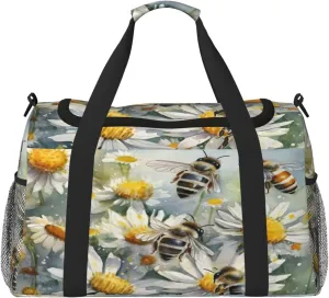 Travel Duffel Bag For Men Women, Bee Flowers Spring Oil Painting Carry On Sport Gym Bag With Shoulder Strap Lightweight Waterproof Weekender Bag Overnight Bag