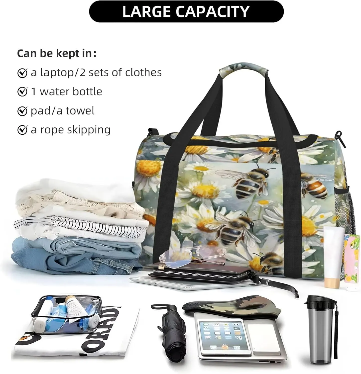 Travel Duffel Bag For Men Women, Bee Flowers Spring Oil Painting Carry On Sport Gym Bag With Shoulder Strap Lightweight Waterproof Weekender Bag Overnight Bag