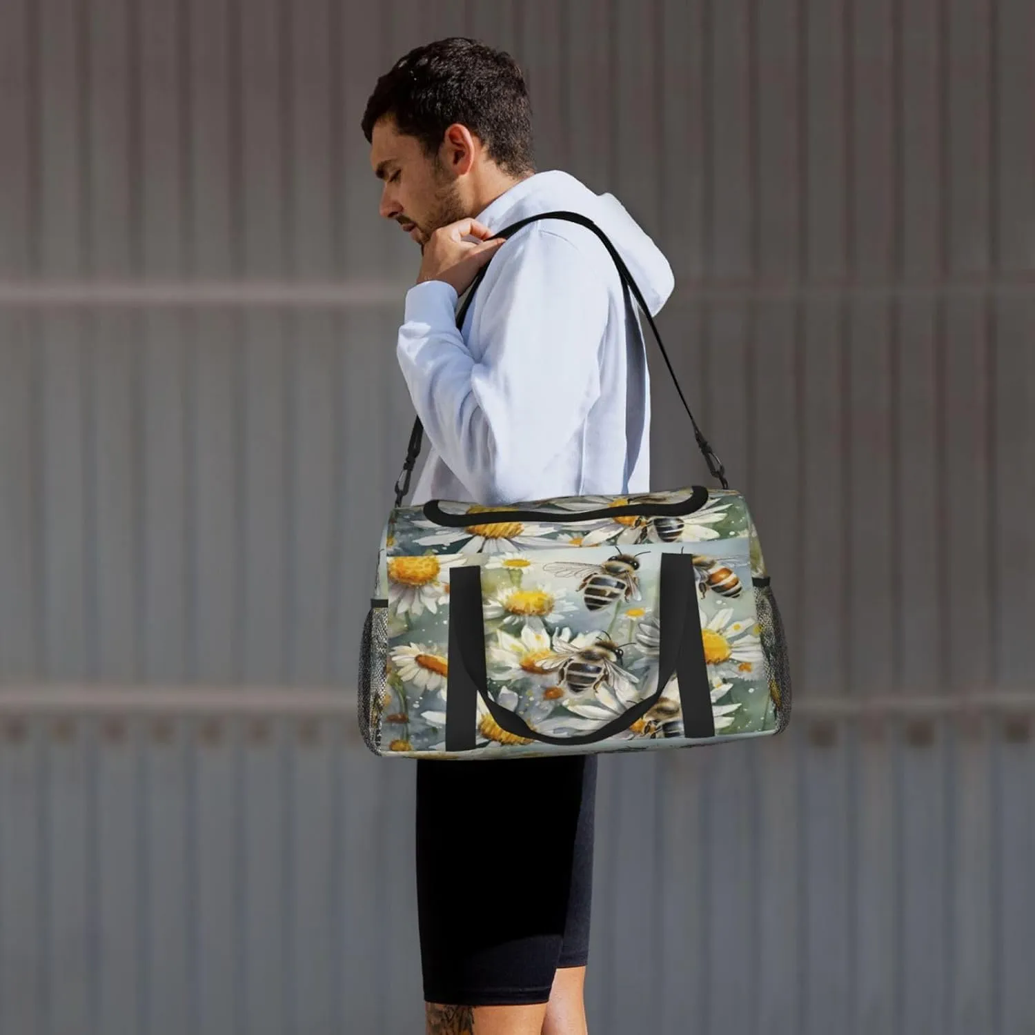 Travel Duffel Bag For Men Women, Bee Flowers Spring Oil Painting Carry On Sport Gym Bag With Shoulder Strap Lightweight Waterproof Weekender Bag Overnight Bag