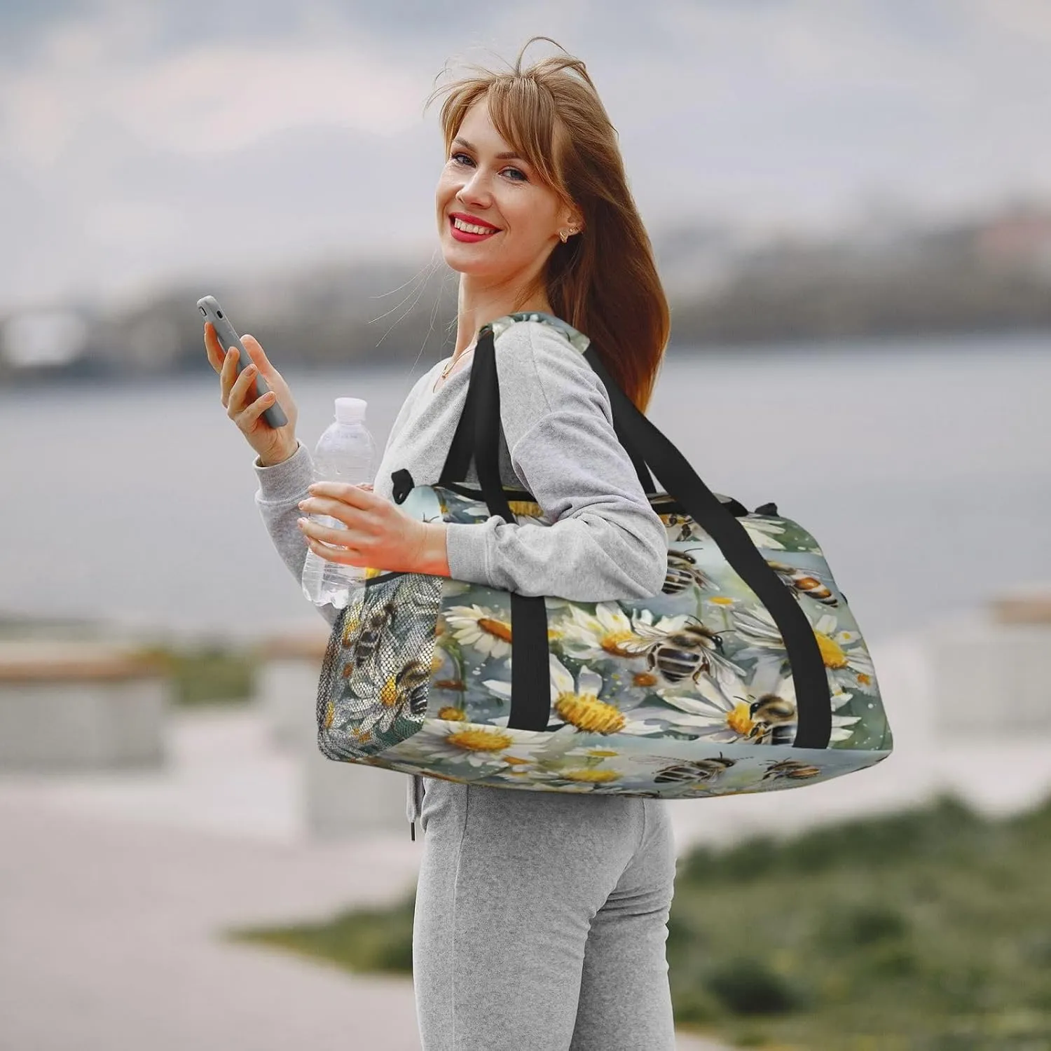 Travel Duffel Bag For Men Women, Bee Flowers Spring Oil Painting Carry On Sport Gym Bag With Shoulder Strap Lightweight Waterproof Weekender Bag Overnight Bag