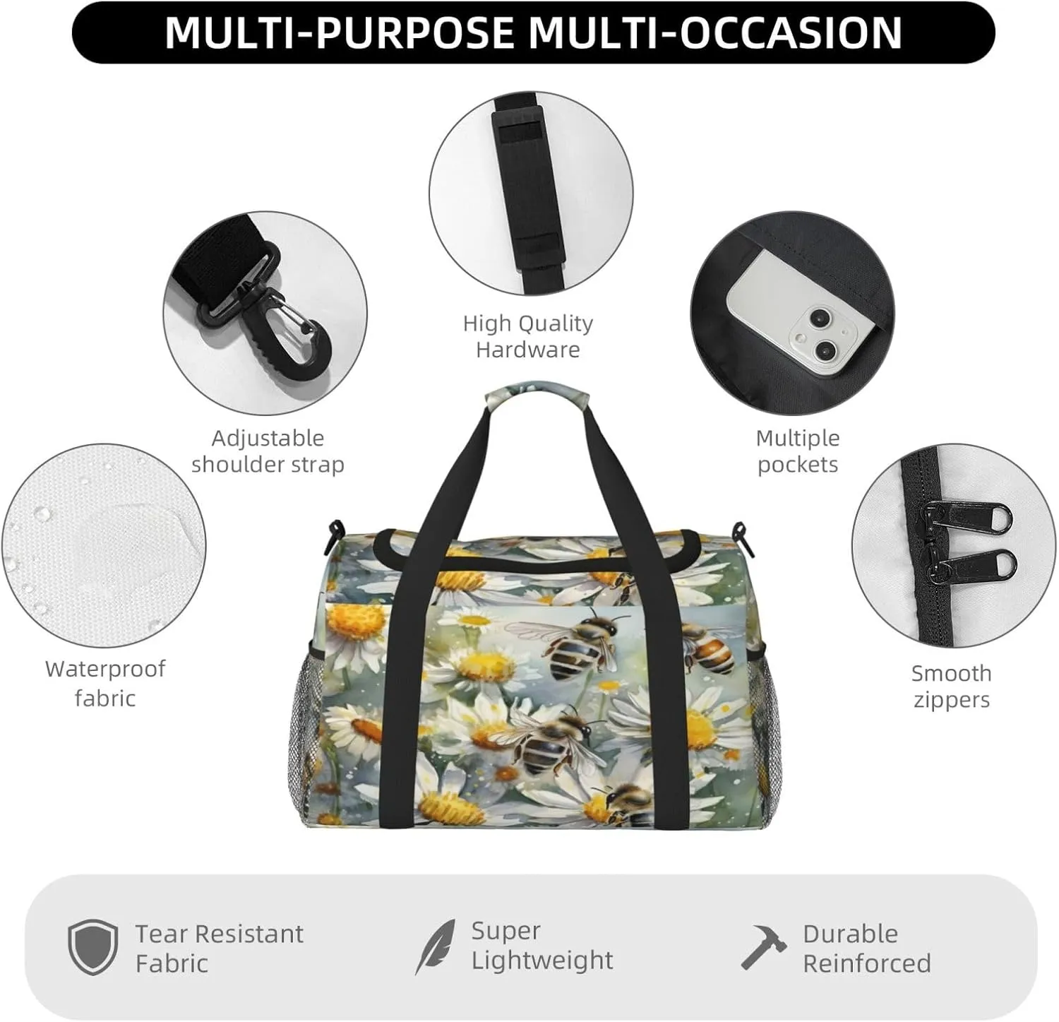 Travel Duffel Bag For Men Women, Bee Flowers Spring Oil Painting Carry On Sport Gym Bag With Shoulder Strap Lightweight Waterproof Weekender Bag Overnight Bag