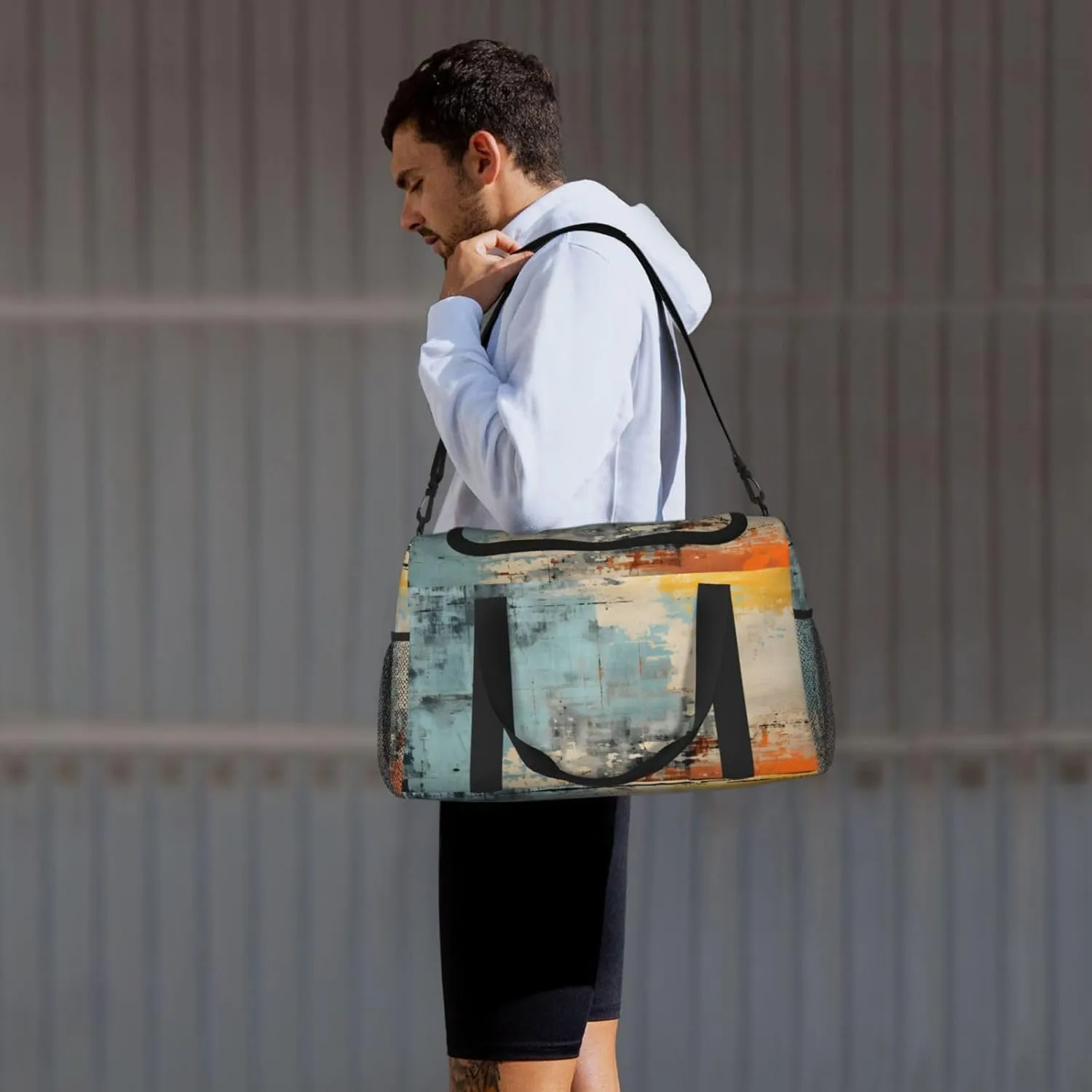 Travel Duffel Bag For Men Women, Blue Orange Gray Painting Abstract Carry On Sport Gym Bag With Shoulder Strap Lightweight Waterproof Weekender Bag Overnight Bag
