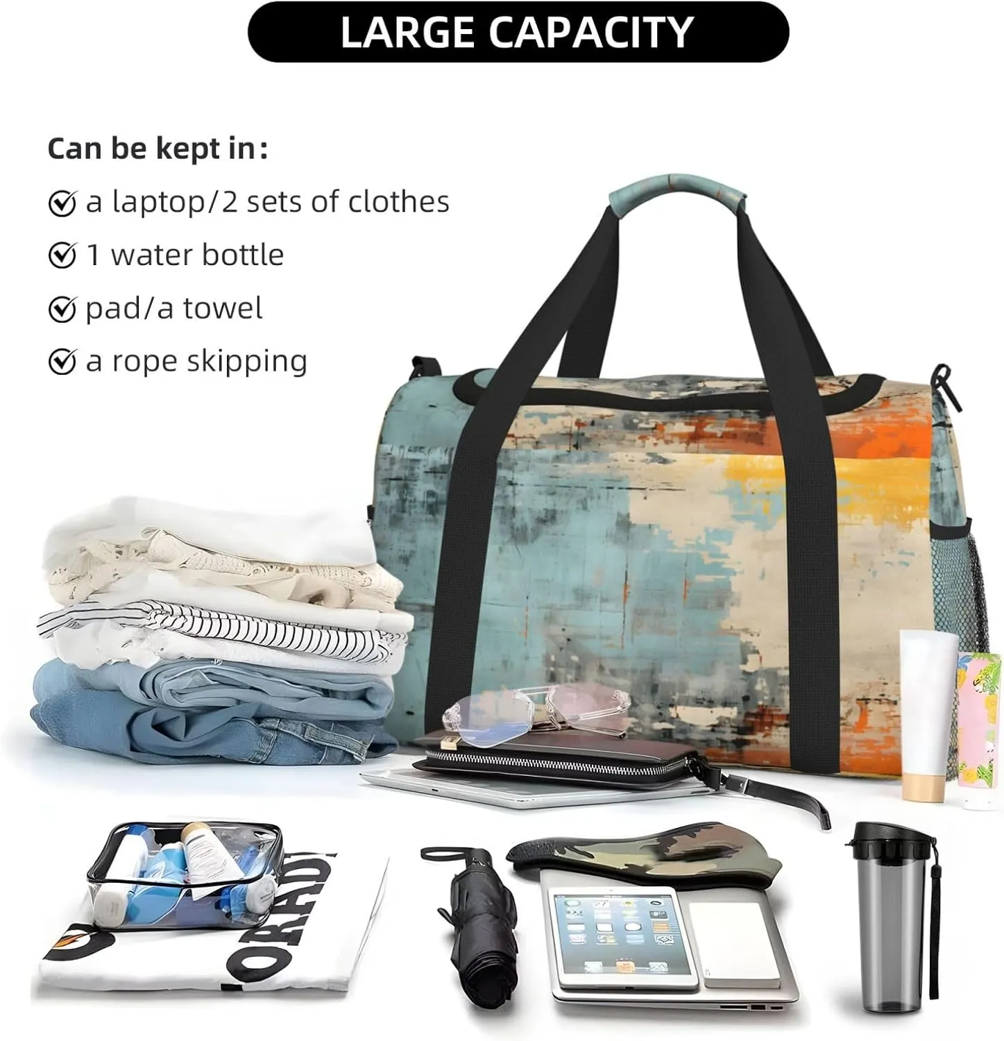 Travel Duffel Bag For Men Women, Blue Orange Gray Painting Abstract Carry On Sport Gym Bag With Shoulder Strap Lightweight Waterproof Weekender Bag Overnight Bag