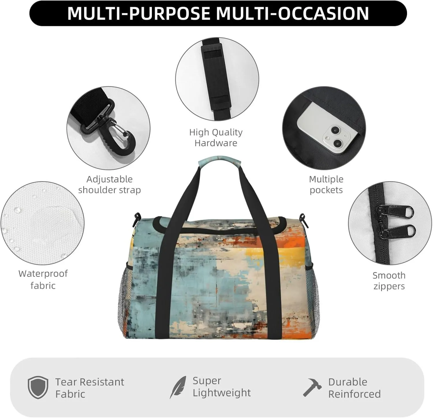 Travel Duffel Bag For Men Women, Blue Orange Gray Painting Abstract Carry On Sport Gym Bag With Shoulder Strap Lightweight Waterproof Weekender Bag Overnight Bag