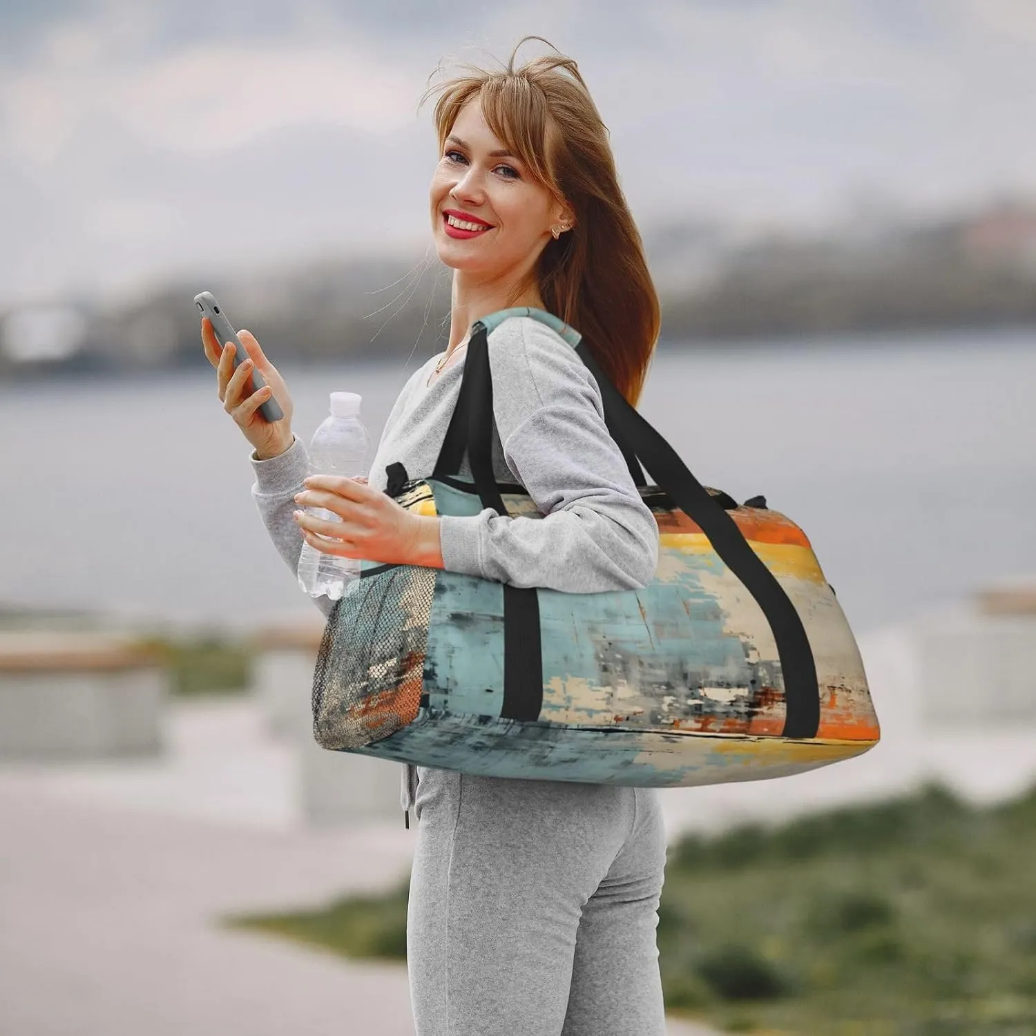 Travel Duffel Bag For Men Women, Blue Orange Gray Painting Abstract Carry On Sport Gym Bag With Shoulder Strap Lightweight Waterproof Weekender Bag Overnight Bag