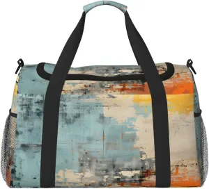 Travel Duffel Bag For Men Women, Blue Orange Gray Painting Abstract Carry On Sport Gym Bag With Shoulder Strap Lightweight Waterproof Weekender Bag Overnight Bag
