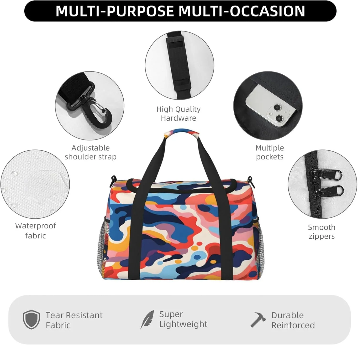Travel Duffel Bag For Men Women, Colorful Camoflage Pattern Carry On Sport Gym Bag With Shoulder Strap Lightweight Waterproof Weekender Bag Overnight Bag