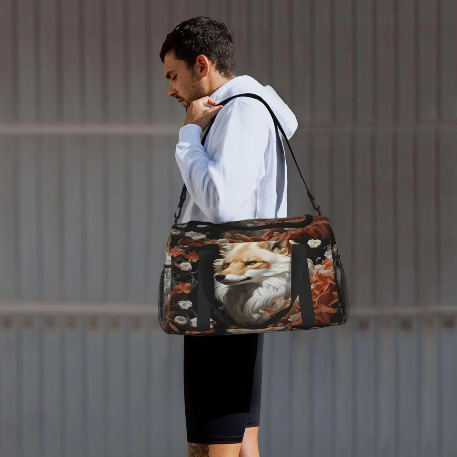 Travel Duffel Bag For Men Women, Cool White Fox Floral Carry On Sport Gym Bag With Shoulder Strap Lightweight Waterproof Weekender Bag Overnight Bag