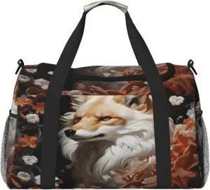 Travel Duffel Bag For Men Women, Cool White Fox Floral Carry On Sport Gym Bag With Shoulder Strap Lightweight Waterproof Weekender Bag Overnight Bag