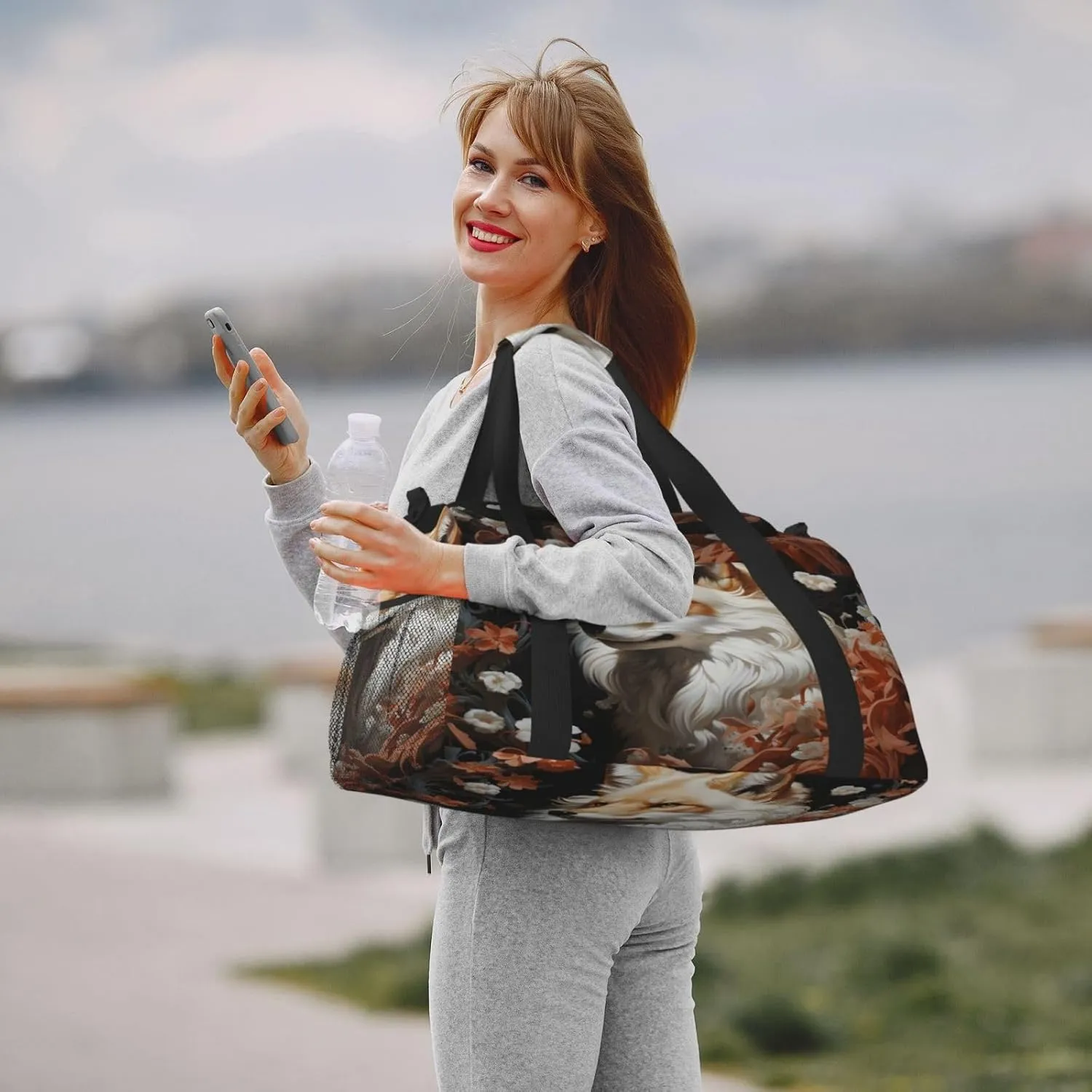Travel Duffel Bag For Men Women, Cool White Fox Floral Carry On Sport Gym Bag With Shoulder Strap Lightweight Waterproof Weekender Bag Overnight Bag