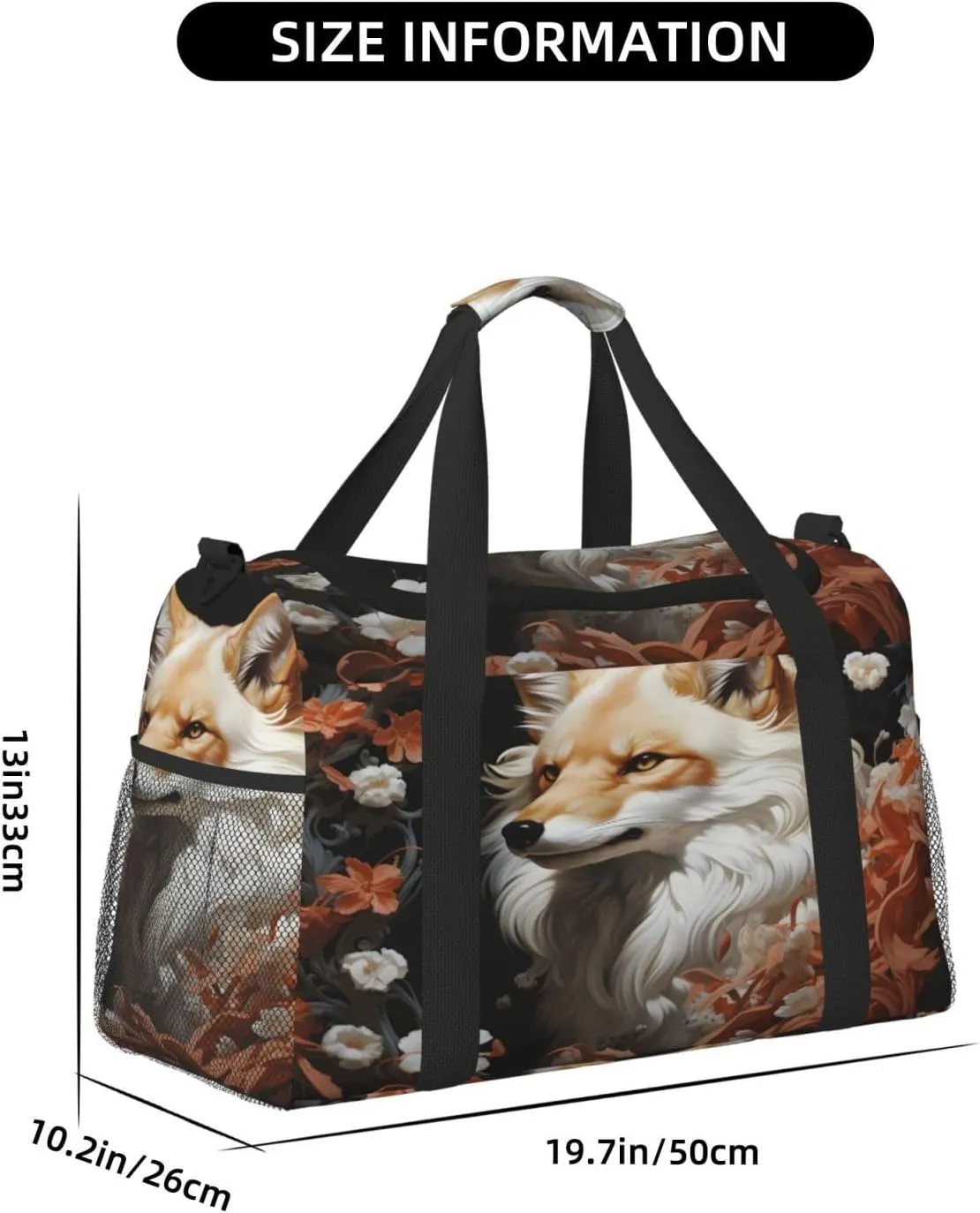 Travel Duffel Bag For Men Women, Cool White Fox Floral Carry On Sport Gym Bag With Shoulder Strap Lightweight Waterproof Weekender Bag Overnight Bag