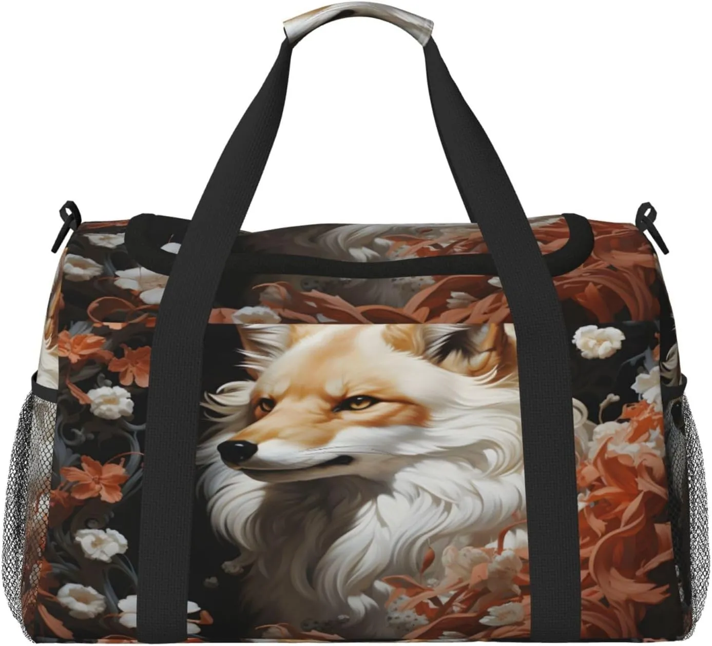 Travel Duffel Bag For Men Women, Cool White Fox Floral Carry On Sport Gym Bag With Shoulder Strap Lightweight Waterproof Weekender Bag Overnight Bag