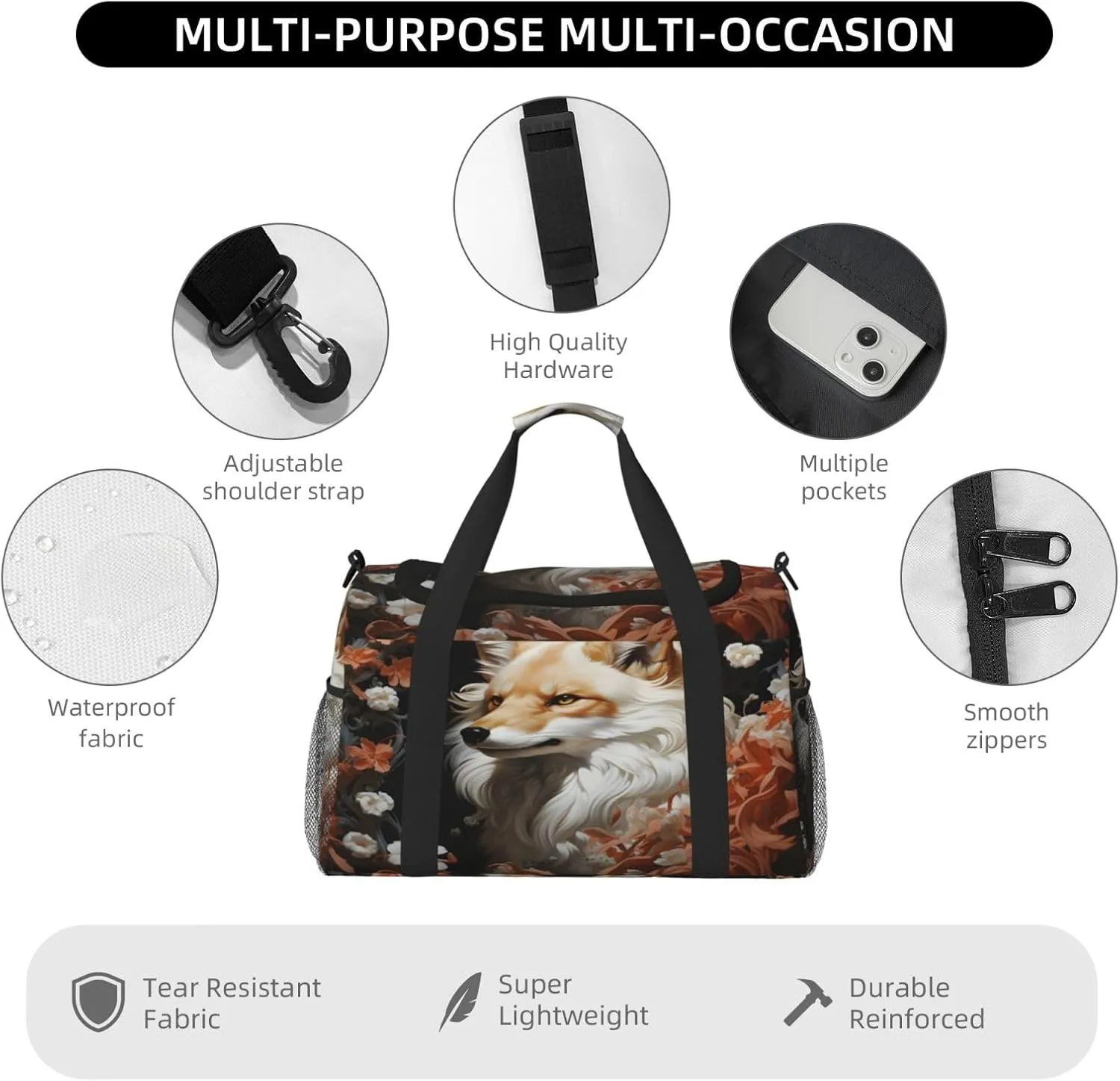 Travel Duffel Bag For Men Women, Cool White Fox Floral Carry On Sport Gym Bag With Shoulder Strap Lightweight Waterproof Weekender Bag Overnight Bag