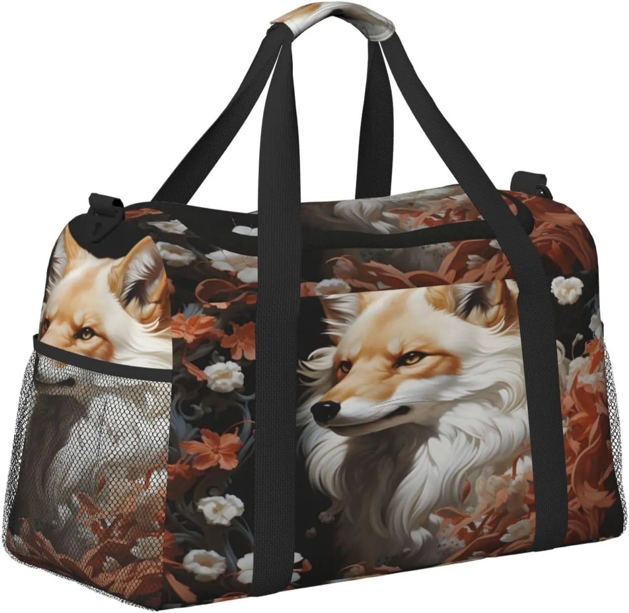 Travel Duffel Bag For Men Women, Cool White Fox Floral Carry On Sport Gym Bag With Shoulder Strap Lightweight Waterproof Weekender Bag Overnight Bag