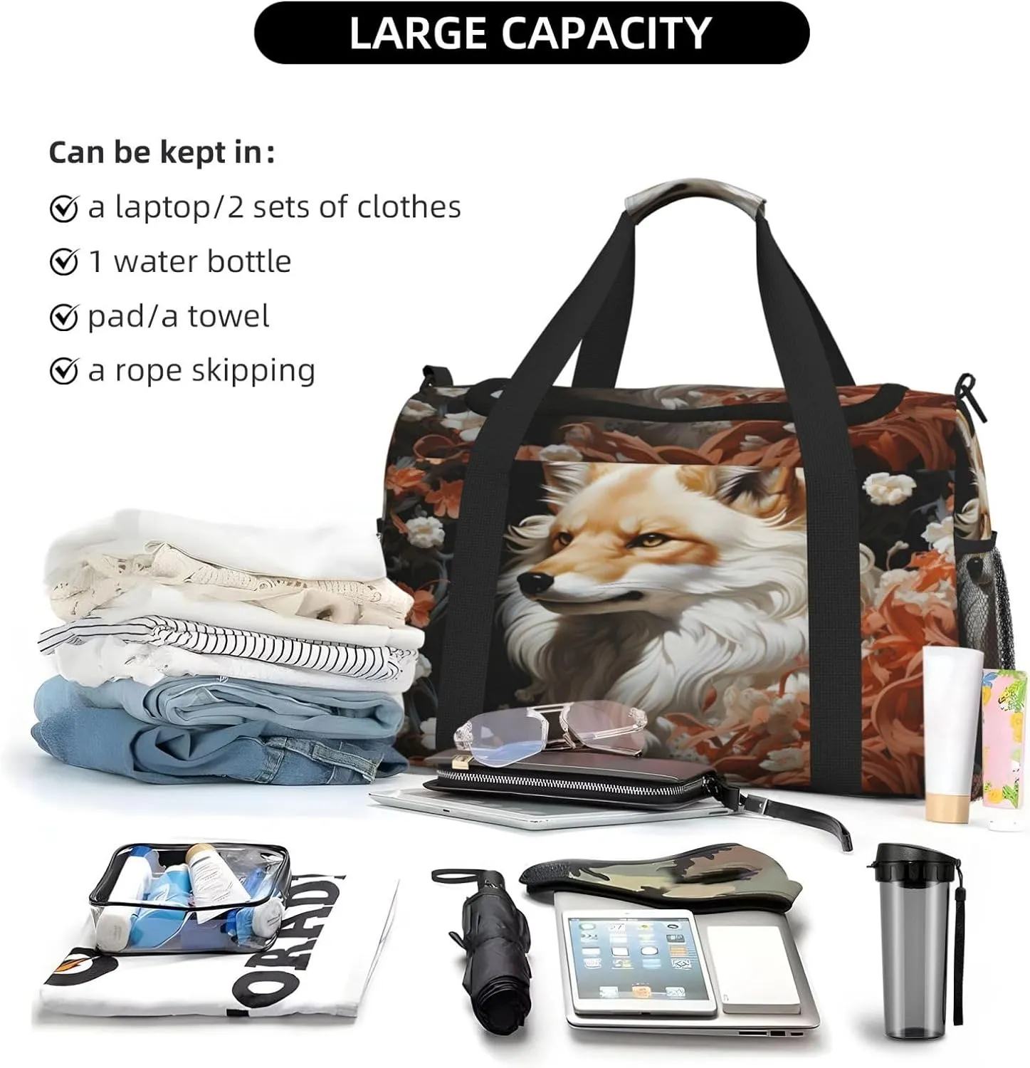 Travel Duffel Bag For Men Women, Cool White Fox Floral Carry On Sport Gym Bag With Shoulder Strap Lightweight Waterproof Weekender Bag Overnight Bag