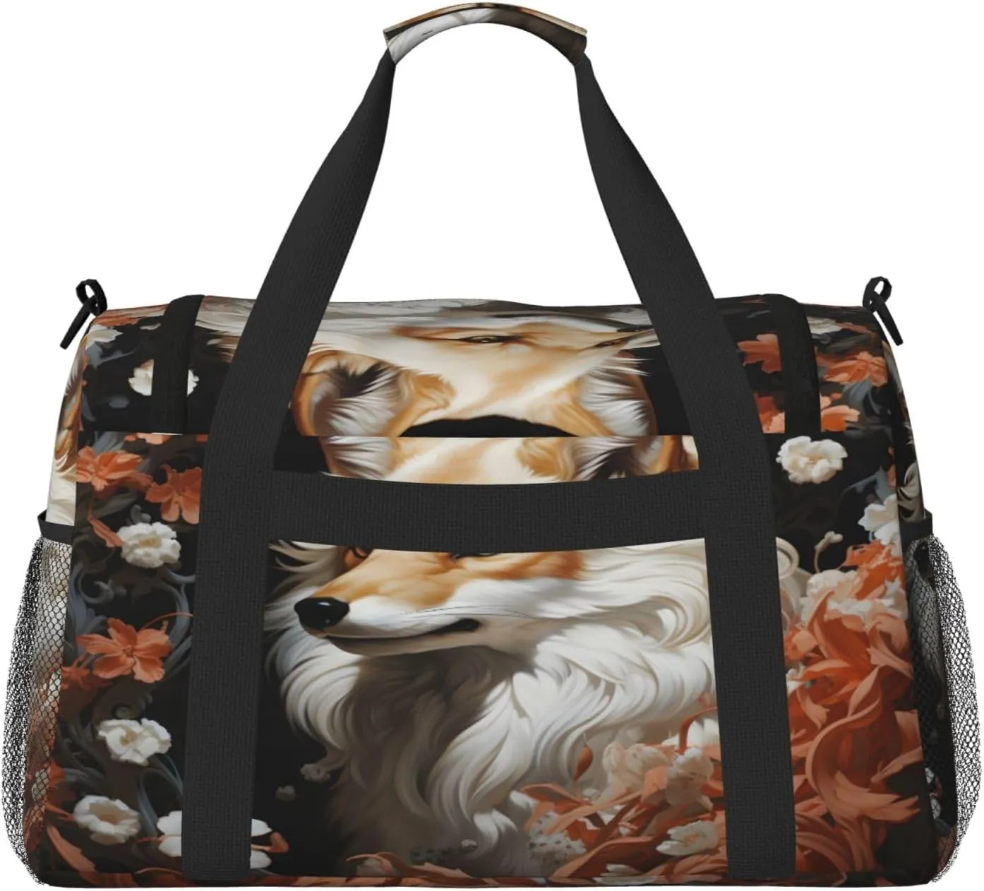 Travel Duffel Bag For Men Women, Cool White Fox Floral Carry On Sport Gym Bag With Shoulder Strap Lightweight Waterproof Weekender Bag Overnight Bag