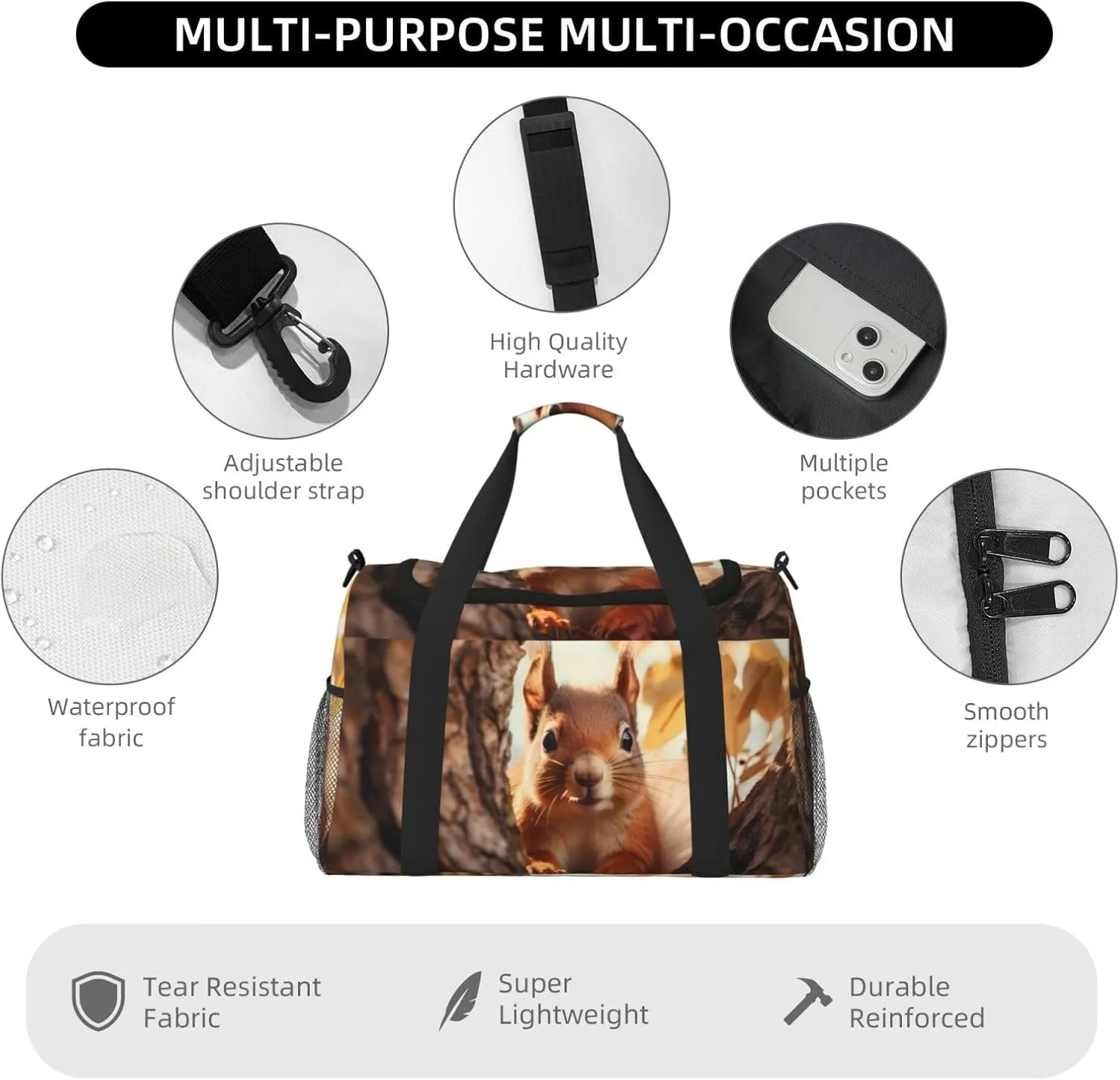 Travel Duffel Bag For Men Women, Curious Squirrel Tree Carry On Sport Gym Bag With Shoulder Strap Lightweight Waterproof Weekender Bag Overnight Bag