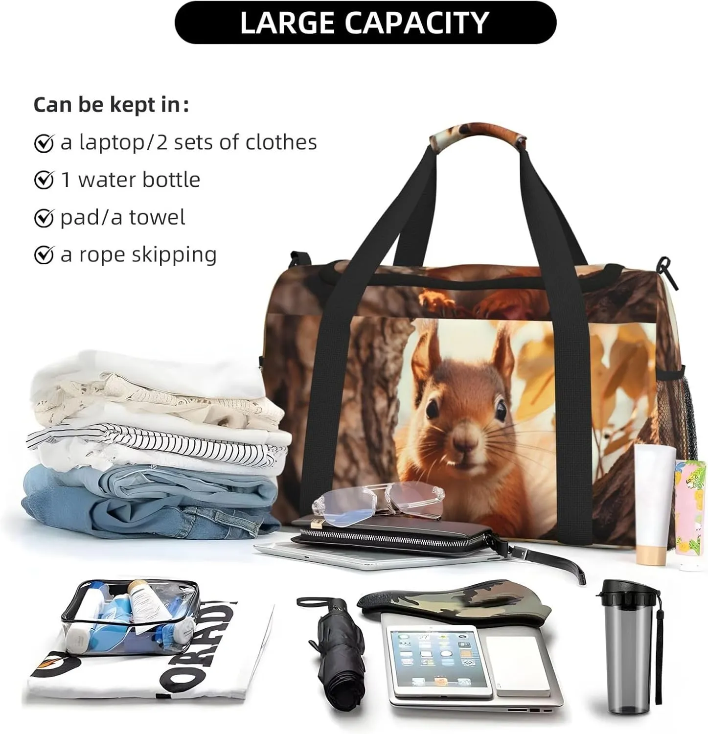 Travel Duffel Bag For Men Women, Curious Squirrel Tree Carry On Sport Gym Bag With Shoulder Strap Lightweight Waterproof Weekender Bag Overnight Bag
