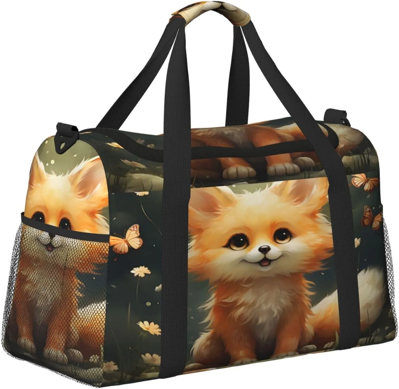 Travel Duffel Bag For Men Women, Cute Animal Fox Butterfly Carry On Sport Gym Bag With Shoulder Strap Lightweight Waterproof Weekender Bag Overnight Bag
