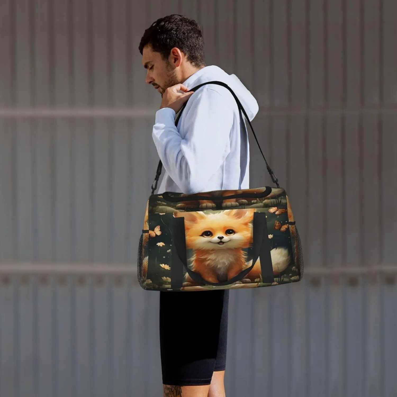 Travel Duffel Bag For Men Women, Cute Animal Fox Butterfly Carry On Sport Gym Bag With Shoulder Strap Lightweight Waterproof Weekender Bag Overnight Bag