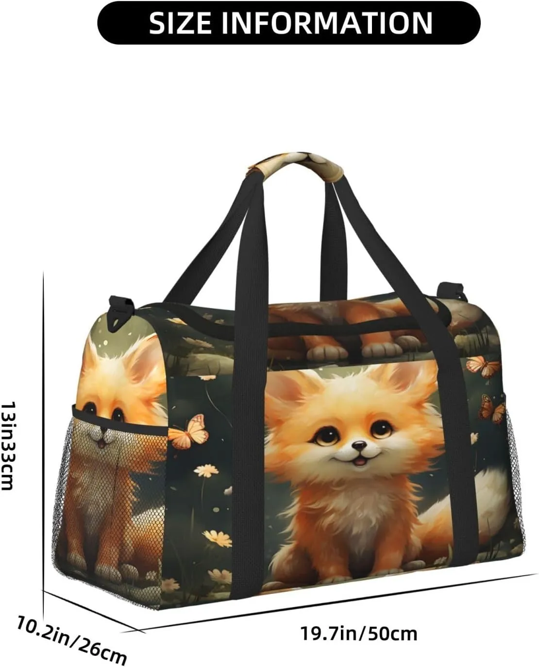 Travel Duffel Bag For Men Women, Cute Animal Fox Butterfly Carry On Sport Gym Bag With Shoulder Strap Lightweight Waterproof Weekender Bag Overnight Bag